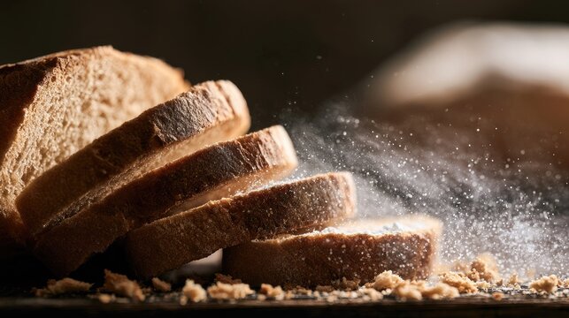 Sliced, toasted bread, dusted with fine powder, with warm light