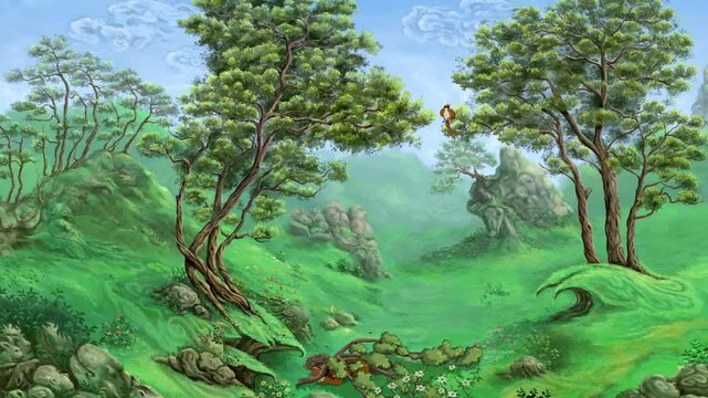 2d animated Beautiful green valley landscape with a traveler watching a bird fly high over trees. An exceptional premium illustrated backdrop asset choice for digital compositors, expert video