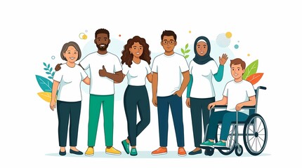 Obraz premium United diverse community adults wearing white shirts, including a wheelchair user, stand together in a supportive vector illustration, ideal for inclusive advertising.
