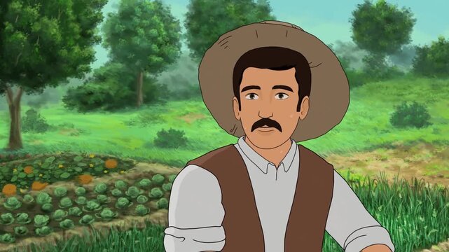 2d animated Proud farmer man wearing a classic straw hat standing inside a green vegetable field. This premium illustrated stock clip backdrop is optimized completely for professional digital