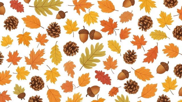 Autumn leaves acorns and pinecones seamless vector pattern on white background