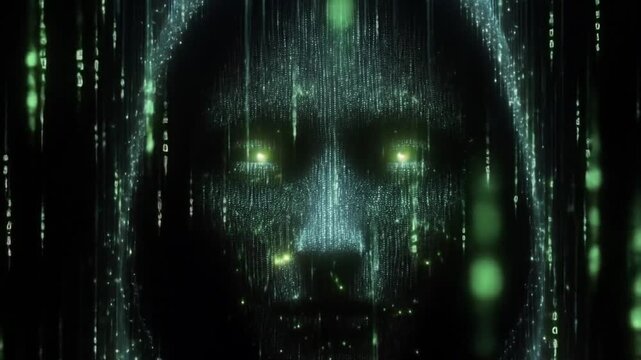 Digital Face Scan Animation in Cyber Security Data Stream with Glowing Eyes Effect
