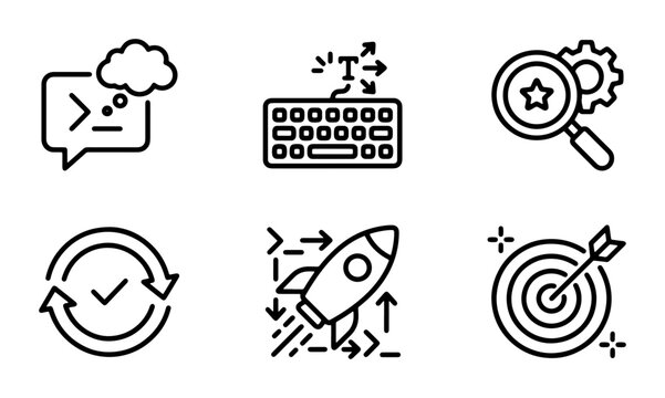 Modern Business Icons Set: Cloud Computing, SEO, Startup Rocket, Target, Workflow, Keyboard. Vector Graphics for Digital Strategy and Analytics.