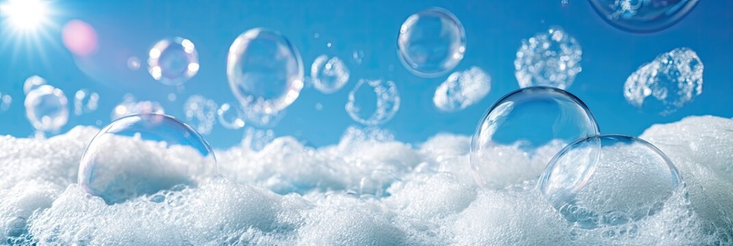 Large iridescent bubbles float on fluffy white foam under a bright blue sky