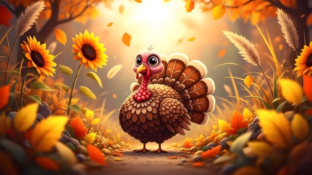 Cartoon turkey surrounded by sunflowers and autumn leaves in a whimsical fall scene