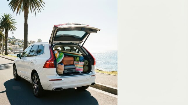 White crossover packed with summer beach equipment and colorful towels by the ocean road for banner background design