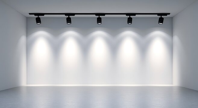 Empty gallery with ceiling spotlights illuminating stark white walls