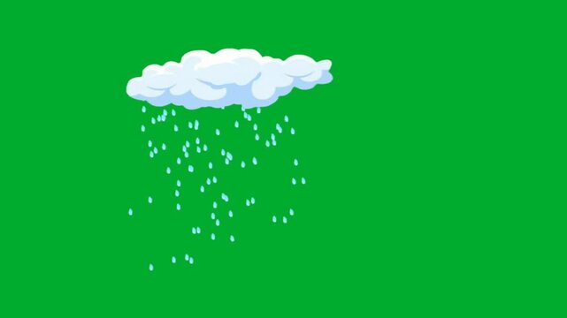 2d animated Rain cloud blowing drops of water downwards in a heavy storm animation on green screen. White fluffy cartoon cloud icon pouring liquid stream for seasonal weather climate concept layout 