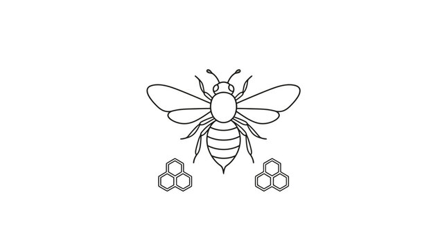 Minimalist bee illustration with honeycomb elements, vector line art