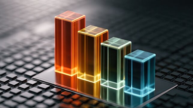 Glowing glass bar graph displays descending data on a textured surface