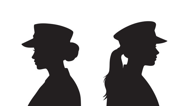 Side profile avatars of corporate female military officers or flight crew wearing uniform caps