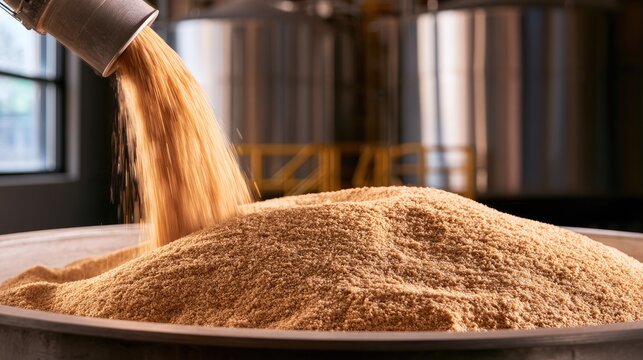 Grains pouring from pipe into large container, creating a mound