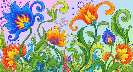 Vibrant floral pattern with colorful flowers. © Candra