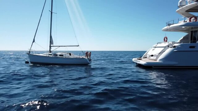 Sailboat being towed by a yacht on calm open ocean with bright blue sky and sun rays