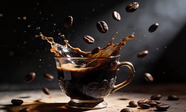 Hot coffee splash in ornate cup with falling beans, dark moody background