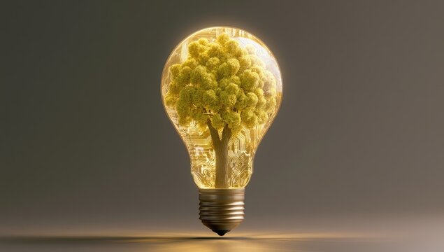 Tree inside a glowing light bulb, symbolizing growth, ideas, and nature