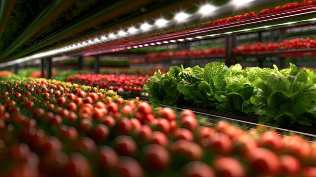 Rows of ripe tomatoes and fresh lettuce grow in a vertical farm under artificial lights