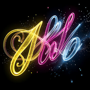 A cinematic TV standby screen, waves of translucent glowing threads, like hot glass woven into intricate calligraphy. Unexpected bioluminescent colors: electric yellow, purple, and icy blue. Lines int