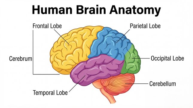 Educational illustration of human brain anatomy with labeled lobes
