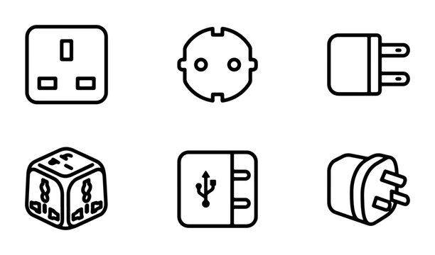 Universal Power Adapters and Plugs, Travel Converter Icons, Electrical Socket Set, Global Connectivity Vector Graphics