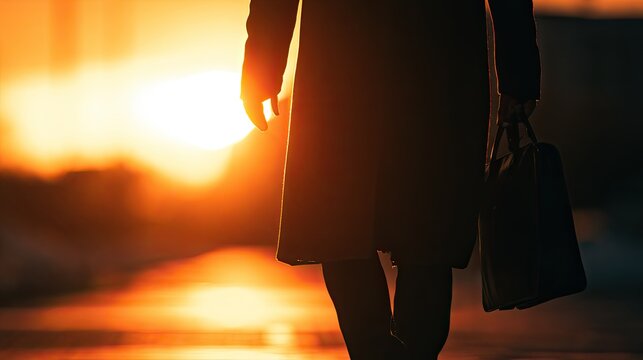 Silhouette of person walking towards a bright, warm sunset with briefcase