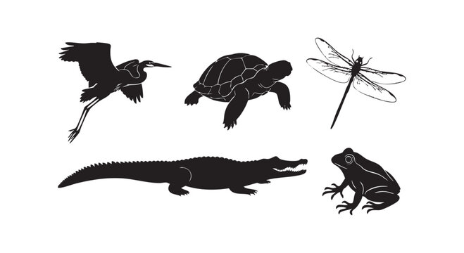 Wetland animals silhouettes heron turtle alligator dragonfly frog aquatic wildlife nature creatures bird reptile amphibian insect vector.