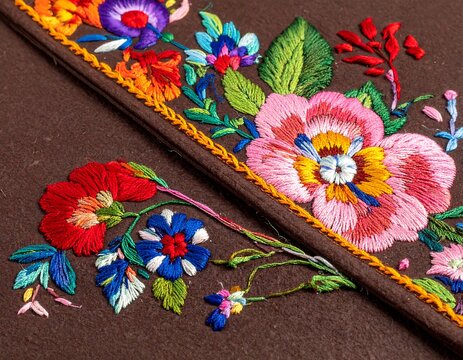 Colorful Floral Embroidery Stitched on Brown Fabric with Decorative Trim