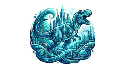 Futuristic Tyrannosaurus Rex Dinosaur in a Cyberpunk Cityscape. © Ahmad