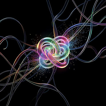 A cinematic TV standby screen, waves of translucent glowing threads, like hot glass woven into intricate calligraphy. Unexpected bioluminescent colors: electric yellow, purple, and icy blue. Lines int