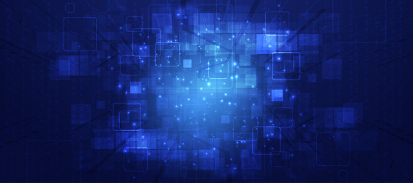 Abstract technology background with glowing squares and binary code.