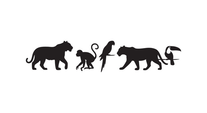 Wild jungle animal silhouettes including tiger leopard monkey parrot and toucan for tropical rain forest design project.