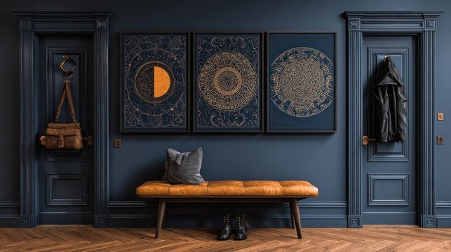 Sophisticated entryway features dark blue walls adorned with celestial art above a leather bench