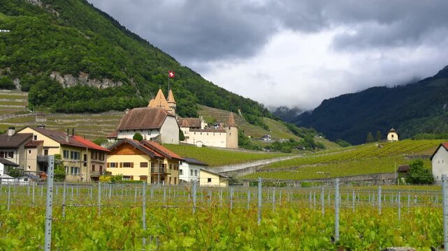 Swiss flag waving at Aigle Castle near beautiful vineyards