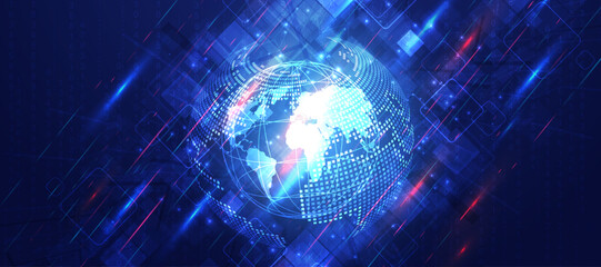 Global network technology concept with digital world map globe on blue high tech background. © Roshikul