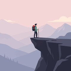 A person stands on a cliff, looking at the distant mountain range © Feroz