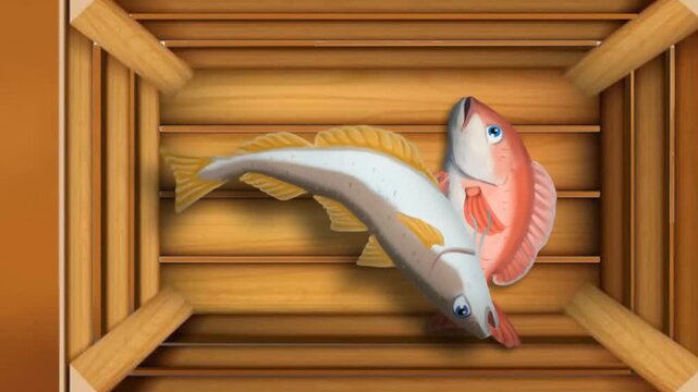 2d animated Fishes in hands being held together inside a wooden box container closely. Human arm gesture holding a couple of fresh cod, salmon and sea snapper trout marine animal wildlife harvest