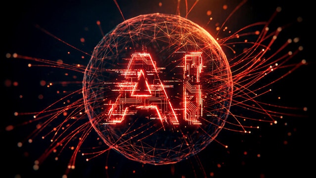 Artificial intelligence glowing logo in digital sphere, AI neural network concept with orange light trails, futuristic machine learning technology background