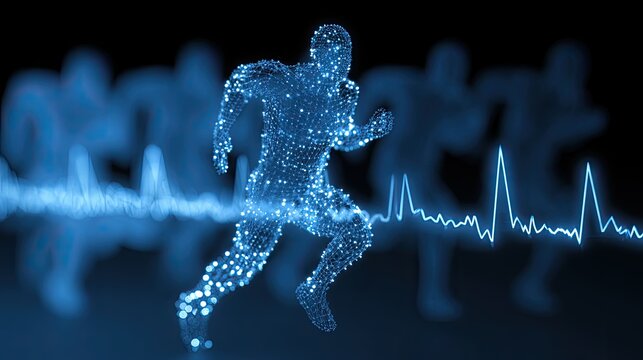 Glowing digital runner in motion with data stream