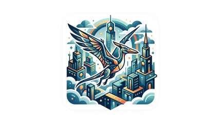 Fantasy Pterodactyl Flying Over Futuristic Cityscape. © Ahmad