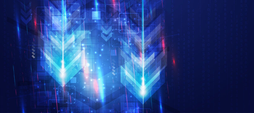 Abstract technological background featuring glowing blue arrows pointing down with binary code overlay.