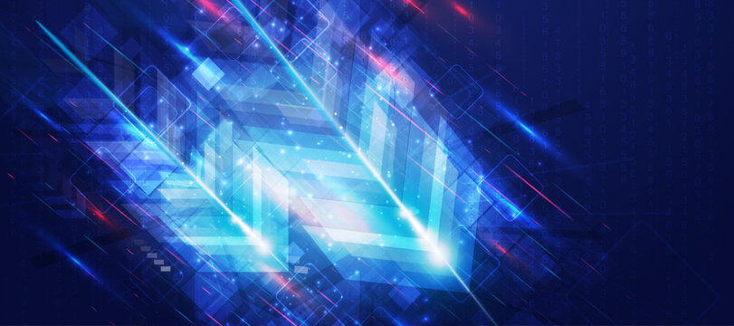 Futuristic data flow background with diagonal glowing arrows and digital geometric patterns.
