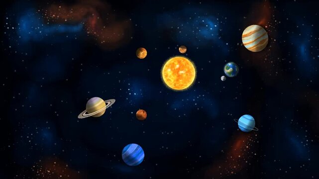 2d animated Solar system matrix layout including sun core, earth globe sphere, moon satellite and various cosmic planets ball models rotating in deep space astronomy science concept animation loop.