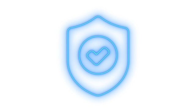 Glowing neon shield with checkmark icon isolated on transparent background. Cybersecurity protection. Verified safety sign. Shield security. Trusted privacy.
