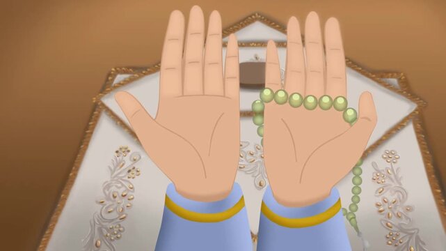 2d animated Hands praying rosary beads close up layout template view. Human palms open up holding green islamic tasbih counter for holy ramadan worship or muslim dhikr devotion loop animation video.