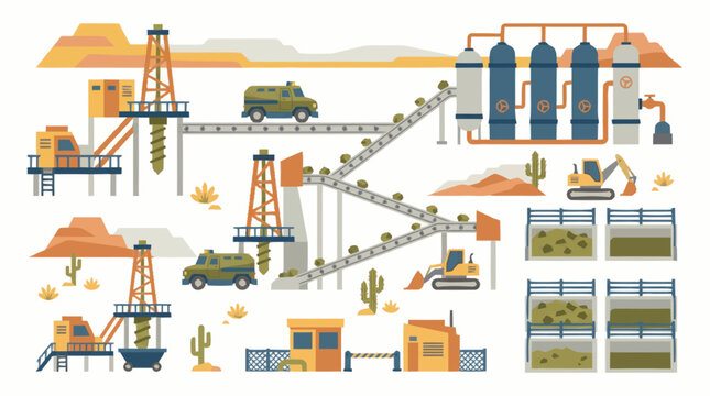 Industrial mining operation with trucks and machinery in desert landscape.