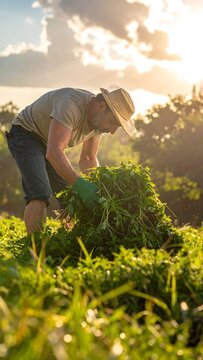 Farmer harvesting herbs.