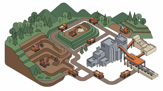 Industrial mining operation with heavy machinery and processing plant.