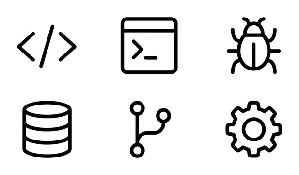 Software Development Icons Set, Coding Symbols, Database, Bug, Git Branch, Gear, Technology Vector Graphics