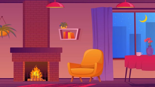 2d animated Livingroom interior fireplace setup inside a cozy home house room layout. Comfortable armchair sofa near burning wood hearth and window opening to starry night sky vector animation loop.