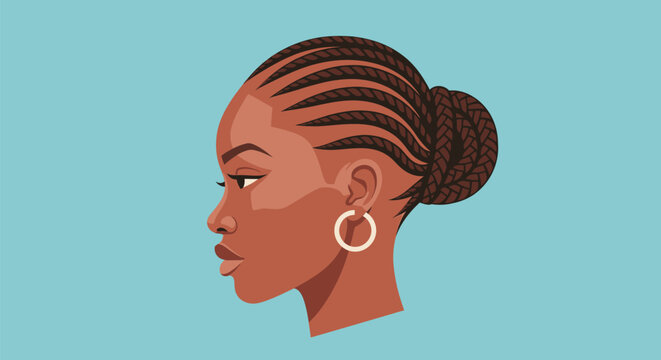 Profile portrait of a young black woman with cornrow braids.
